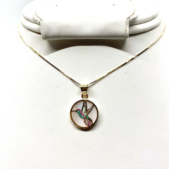 10K Gold Mother Pearl Hummingbird Box Necklace - Picture 3 of 11